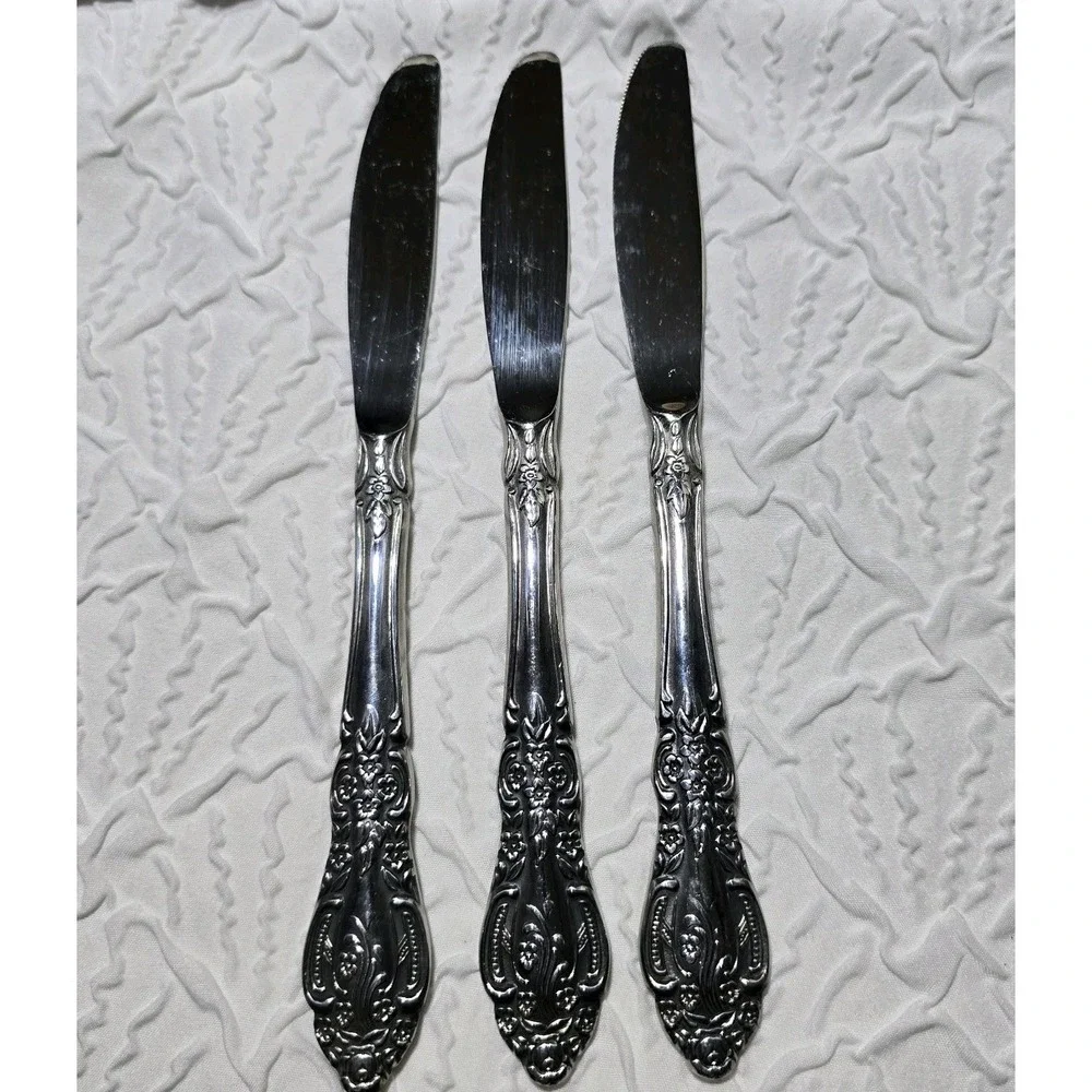 Springtime Stainless Dinner‎ Knives Set Of 3 Heavy Floral Flatware Japan Vintage